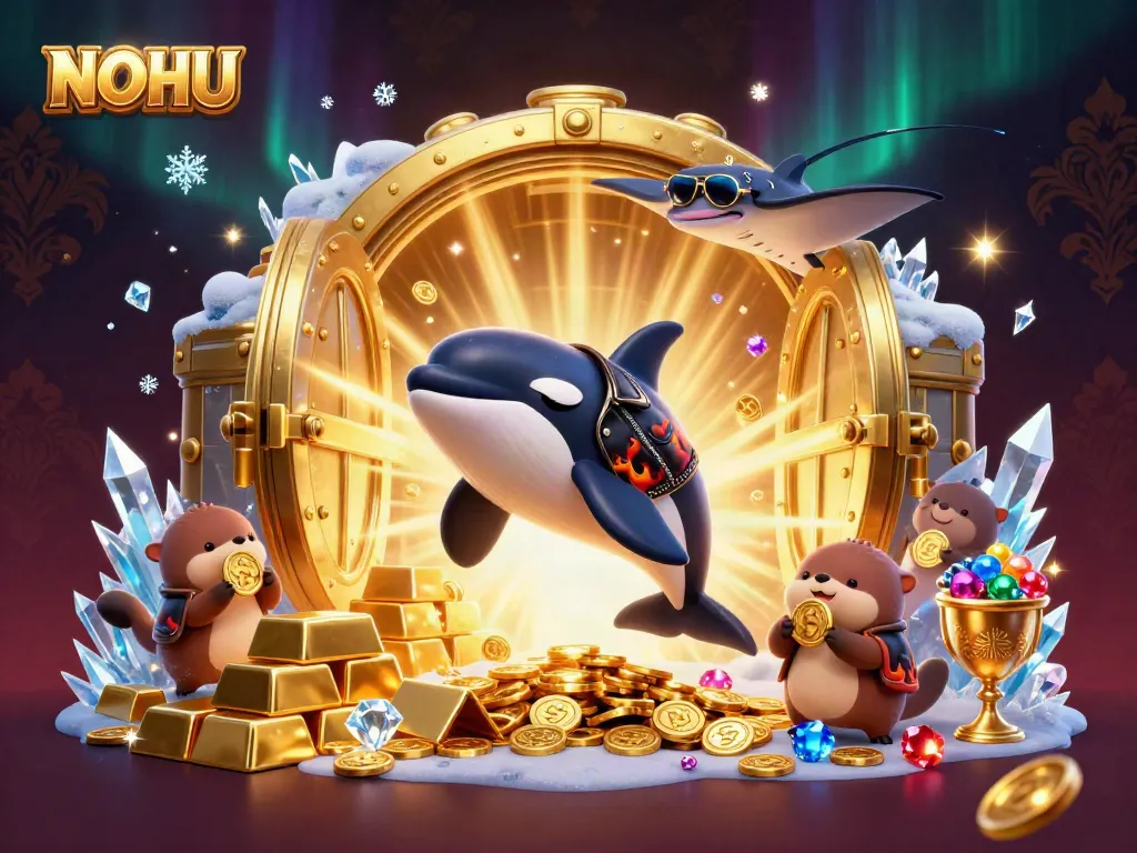 Experience excitement at NOHU with a vibrant 3D scene featuring an orca, stingray, and sea otters amidst treasures.