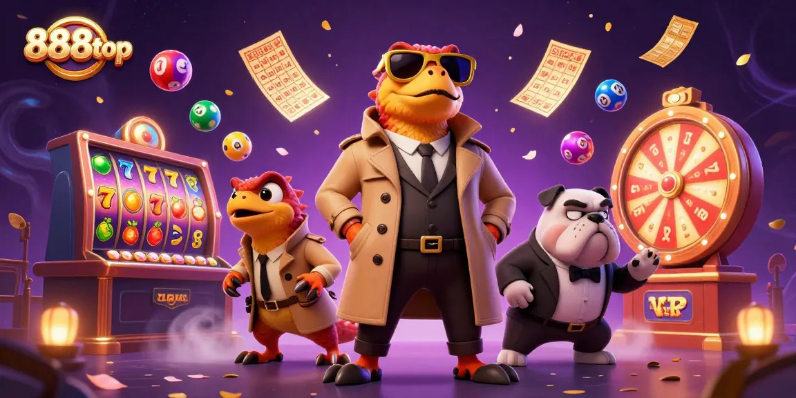 Experience 888top's exciting casino atmosphere with raptors in a trench coat amidst vibrant gaming elements.