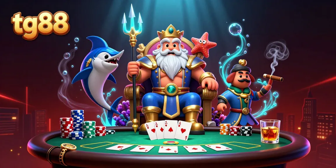 Bet on tg88 with Neptune surrounded by poker elements in an exhilarating casino scene.