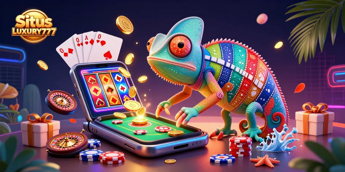 Situs LUXURY777 mengajak pemain merasakan keseruan kasino dengan ilustrasi chameleon, slot, dan koin emas.