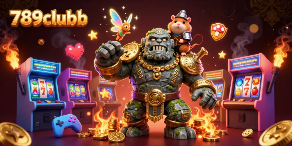 Experience the excitement of 789clubb with an enchanted golem and fairy amidst vibrant casino game elements.