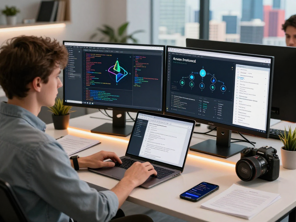 Developer utilizing acrossprotocol in a modern tech workspace with dual monitors displaying blockchain code.