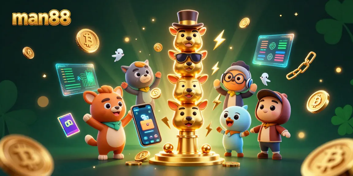 Experience thrilling gameplay with man88, featuring a vibrant casino totem in a lively crypto-themed scene.