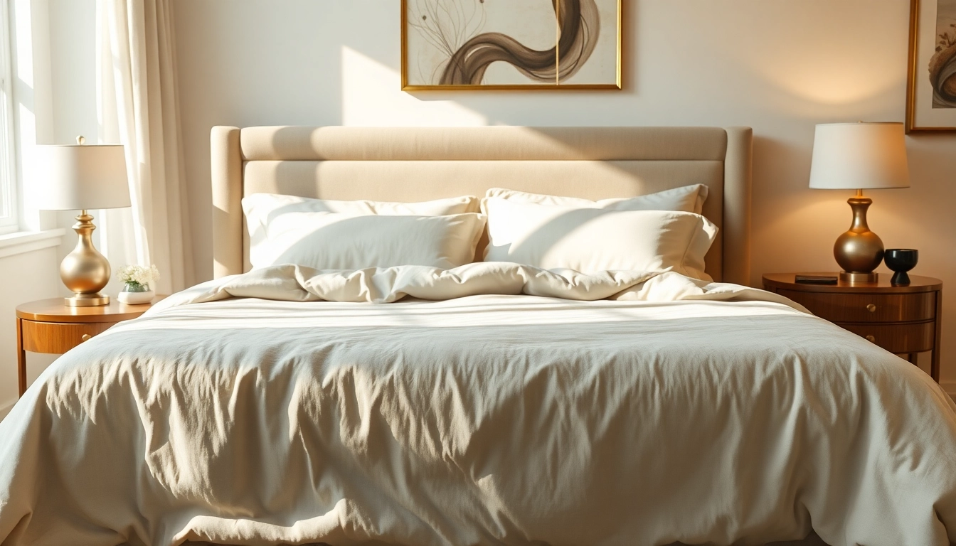 Beautiful queen bed adorned with cozy linens and soft pillows inviting relaxation.