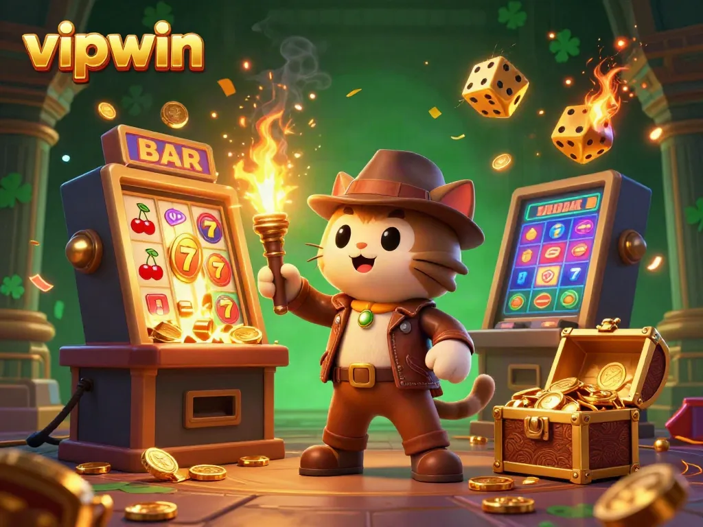 Win big with vipwin in this dynamic 3D scene featuring an explorer cat and casino treasures.