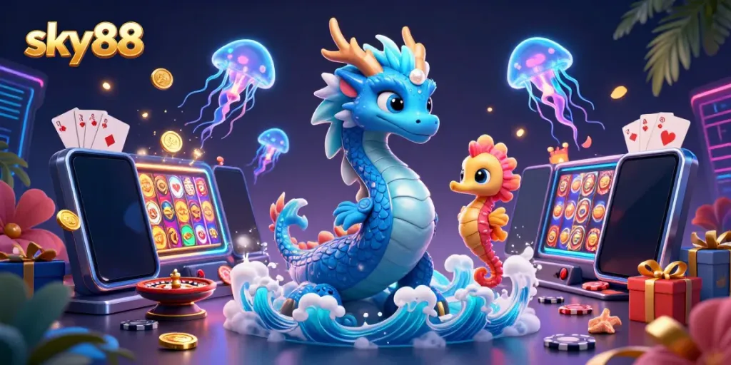 Experience thrilling gameplay with sky88's vibrant characters and casino elements in immersive 3D art.