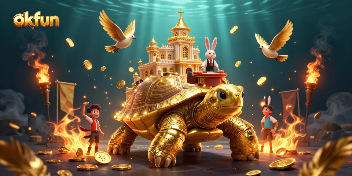 Experience excitement at okfun with a thrilling 3D gaming scene showcasing vibrant casino elements and golden treasures.