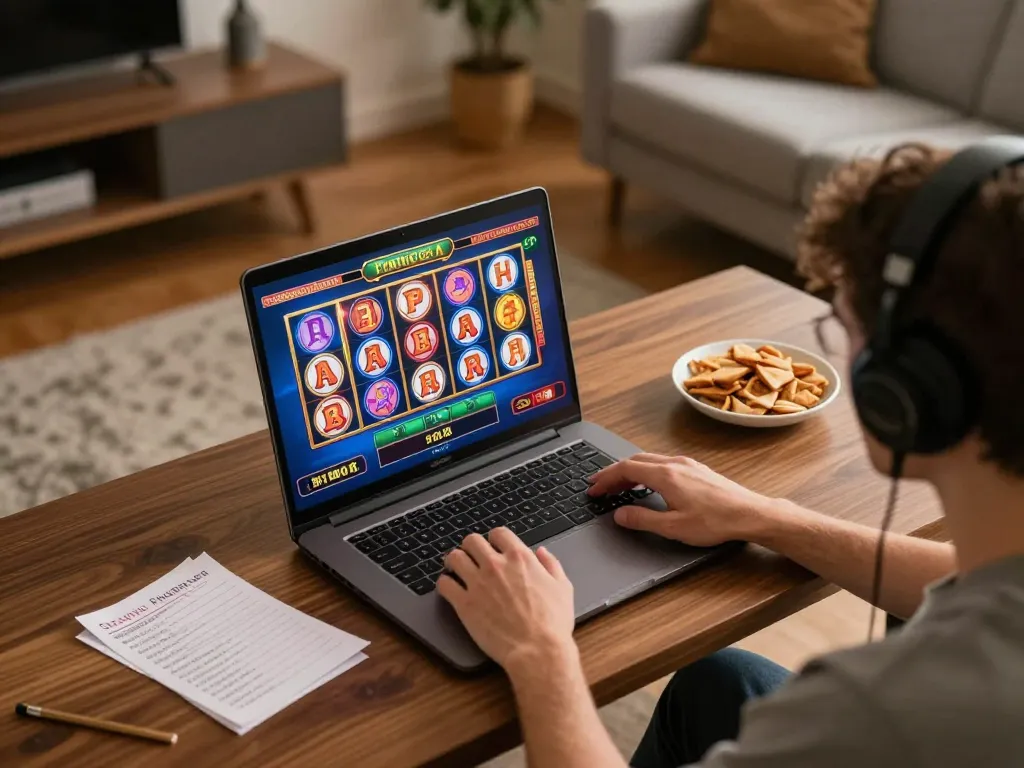 Engaging in online casino gameplay with QQ88 movie on a laptop, illustrating focused gaming strategy.