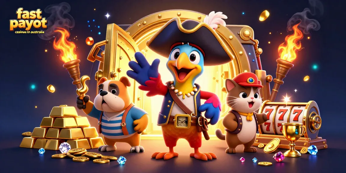 Experience excitement at fast payout casinos in australia with slot reels, treasure, and animated characters.