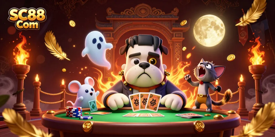 Join the SC88 Com gaming fun with a ghostly mouse and monster dealer at an action-packed casino.