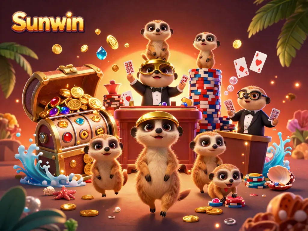 Experience thrilling wins at Sunwin Casino with lively meerkat characters in a vibrant gaming environment.