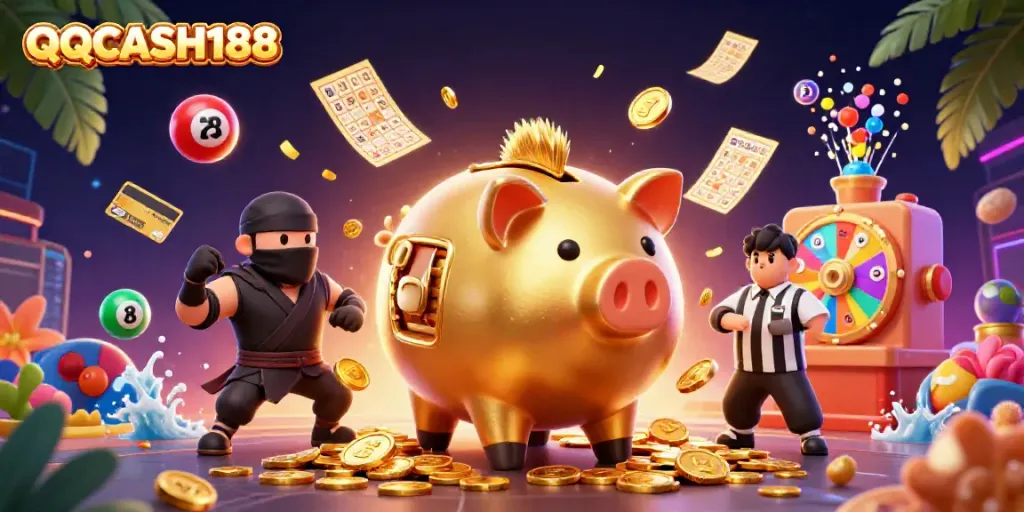 Engage with QQCASH188 through a vibrant dynamic casino scene with characters and elements emphasizing excitement.