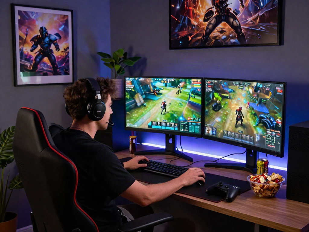 Gamer engaged in rokok88 login on dual monitors in a modern home office.