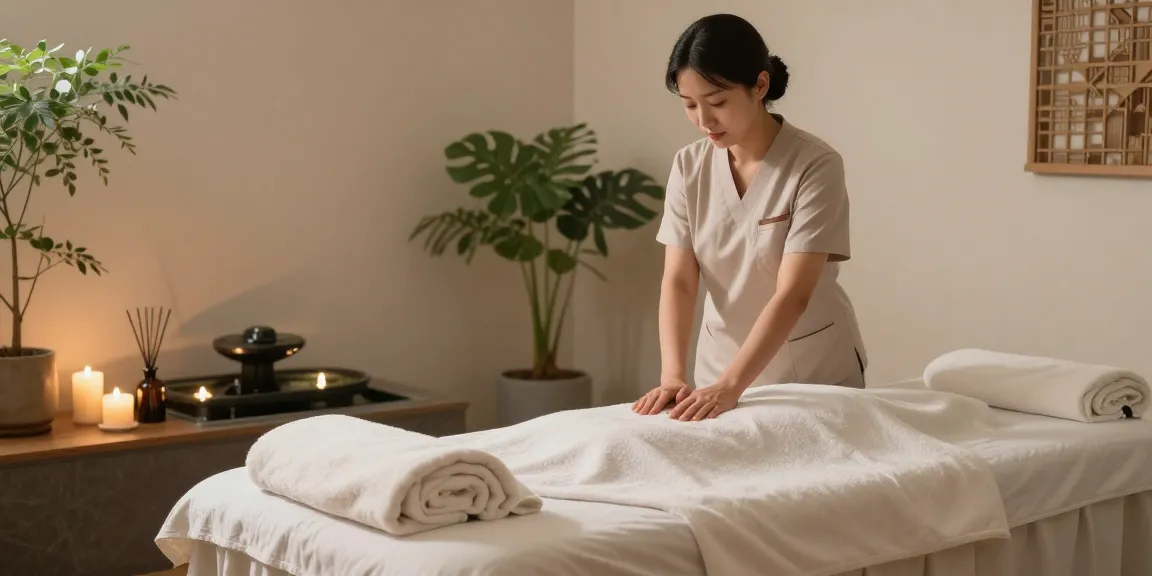 Relaxing spa scene showcasing 군포출장마사지 preparations with candles, massage table, and soothing decor.