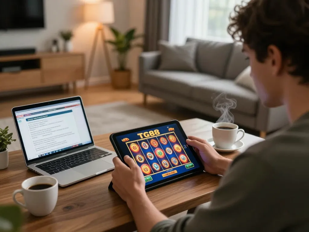 Player enjoying TG88 slot games on tablet in a cozy home setting with warm ambiance