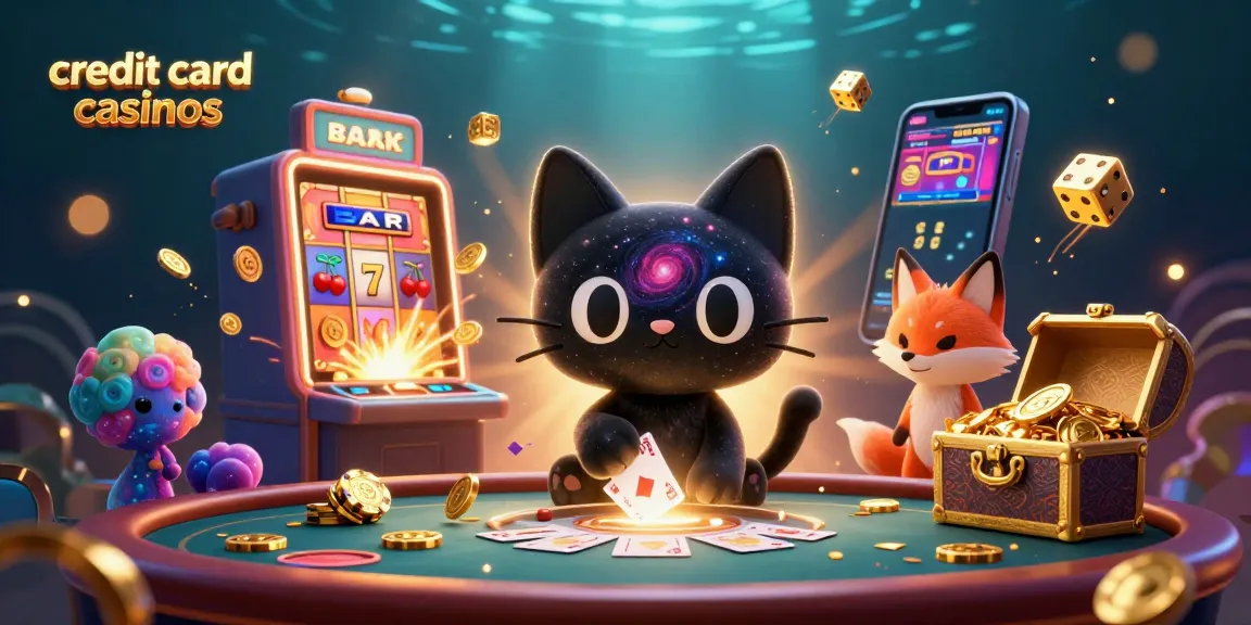 Engage with credit card casinos through a vibrant 3D casino scene featuring cartoon characters and dynamic game elements.