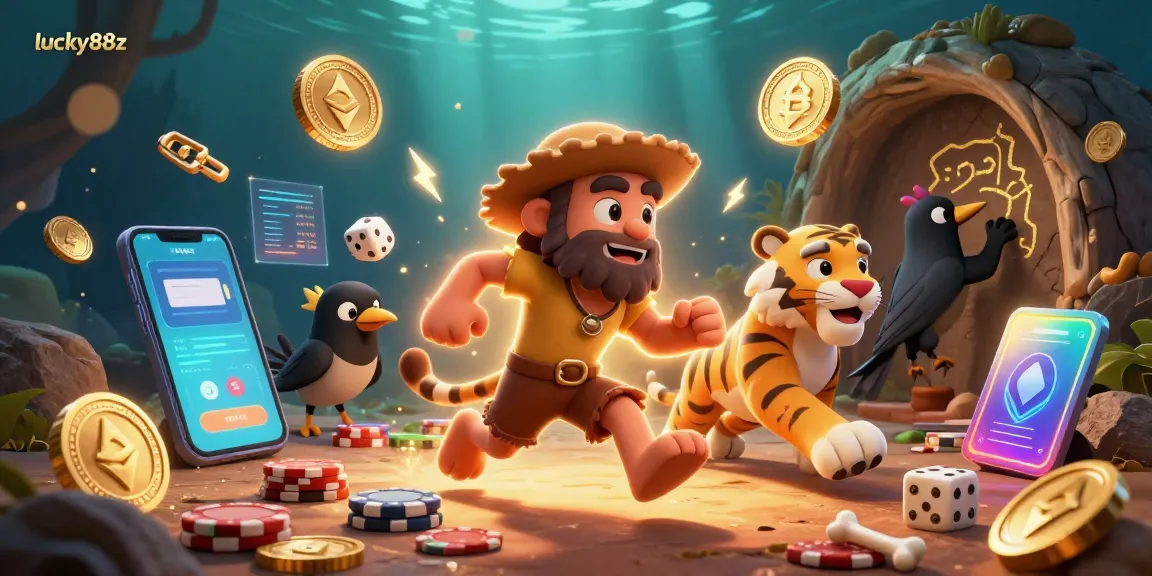 Spin for wins at lucky88z in a vibrant prehistoric casino with unique characters and crypto elements.