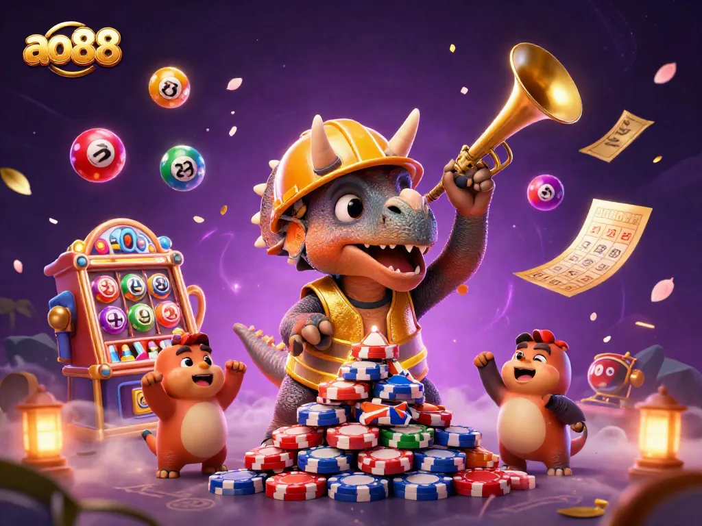 Spin the reels at ao88 with a vibrant scene featuring a triceratops celebrating jackpot slots!