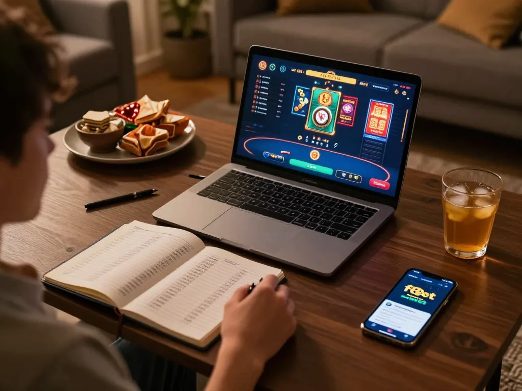 Player enjoying engaging poker sessions online with f8bet on cozy home setup with snacks.