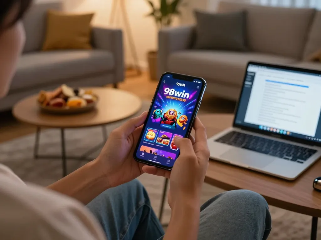 Engaged player using the 98win app for mobile gambling with a cozy home atmosphere.