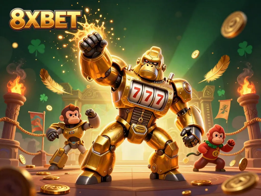 Engage in thrilling action with 8XBET's transformer-style casino mech showcasing slot reels and golden coins.