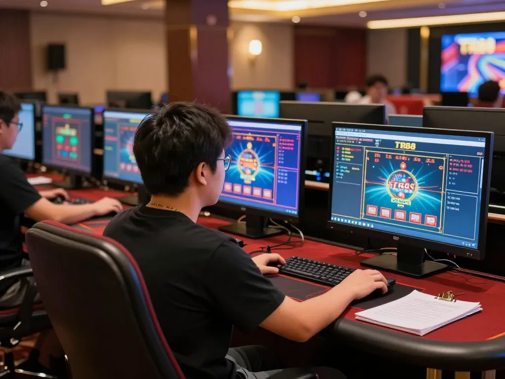 Player strategizing on TR88 with multiple screens showing live dealer and slot games.
