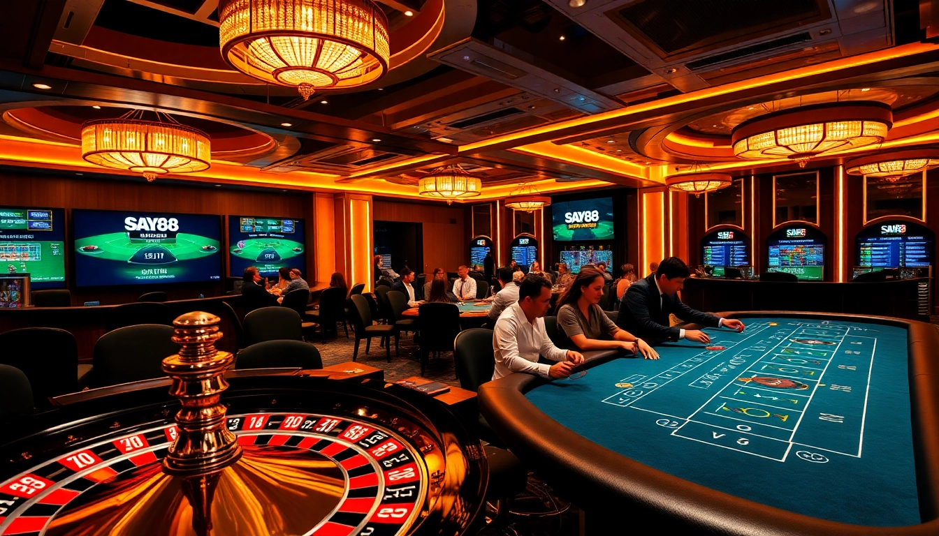 Engaging gamblers at the luxurious SAY88 casino with roulette and poker tables.