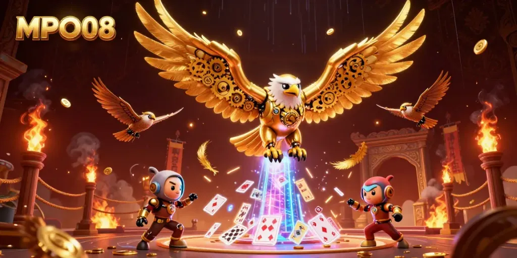 Experience the thrill of MPO08 with a cybernetic eagle diving through holographic playing cards amidst a vibrant casino scene.