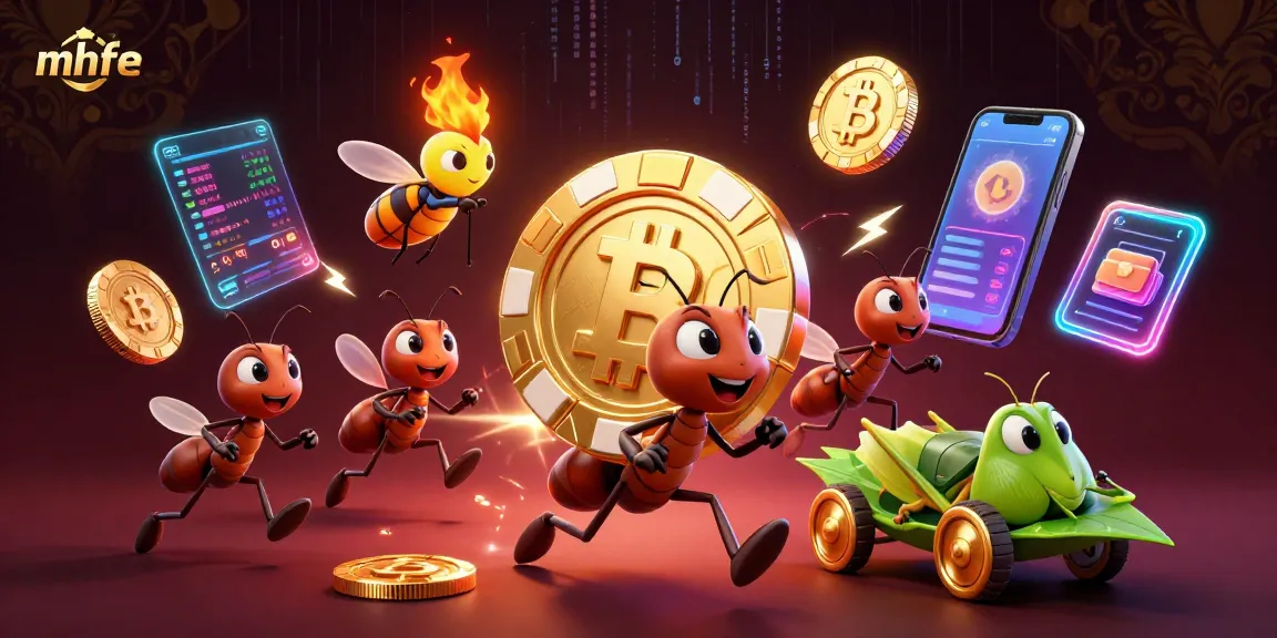 mhfe casino illustration featuring animated ants in a heist with a poker chip and cryptocurrency elements