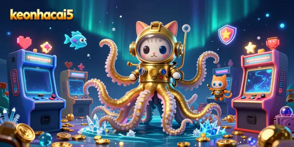 Engage with keonhacai5 in a vibrant 3D gaming illustration featuring a kraken, diving cat, and deep-sea fish.