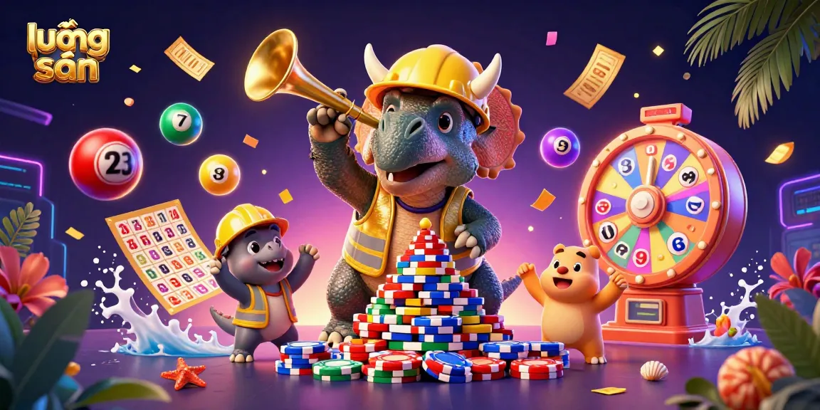 Experience vibrant gambling excitement with lương sơn characters celebrating amidst bouncing lottery balls and prizes.