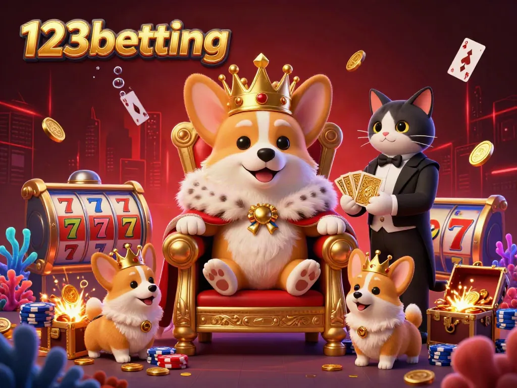 Join the 123betting excitement as the royal corgi throne scene dazzles with vibrant casino elements.