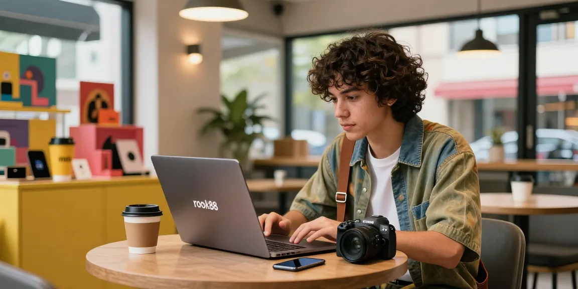 Person using rokok88 login on a stylish laptop at a café, surrounded by trendy merchandise.