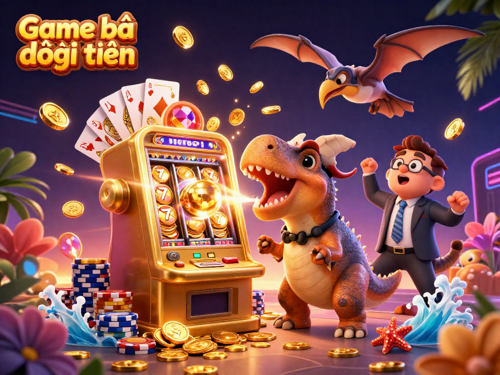 Game bài đổi thưởng scene with dinosaurs celebrating jackpots amidst cascading coins.