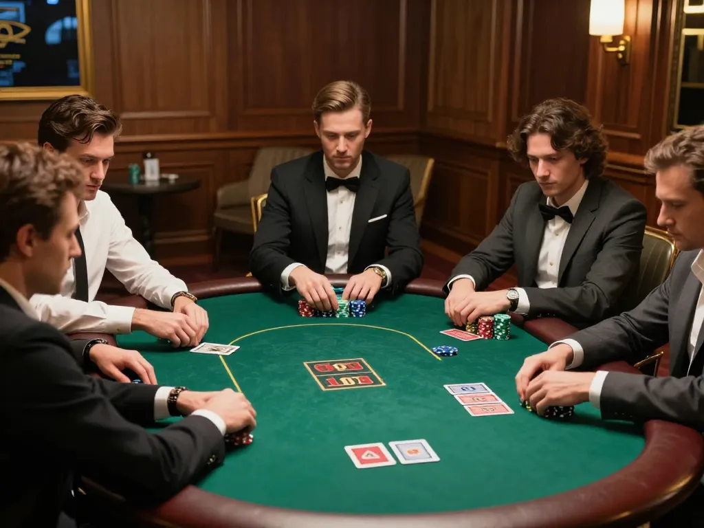 Players engaged in a high-stakes poker game at an elegant table, showcasing strategic gameplay and rokok 88 excitement.