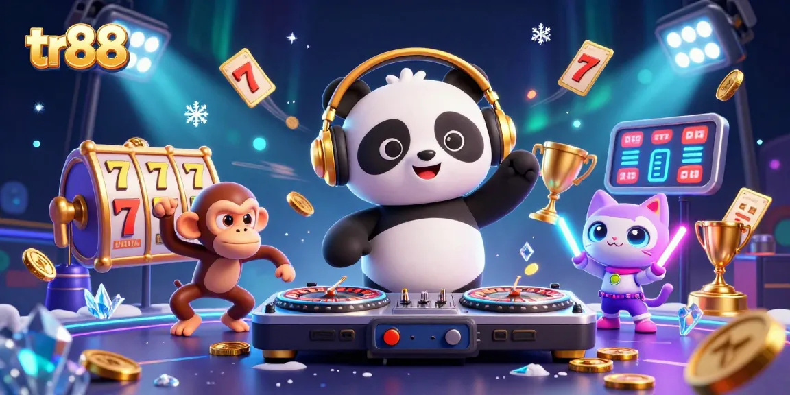 Experience the excitement of tr88 with a vivid 3D casino party scene featuring animated characters and vibrant elements.
