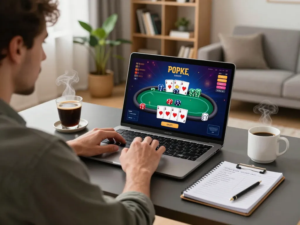 Player engaged in online poker session using CM88 platform, displaying strategy notes and colorful chips.
