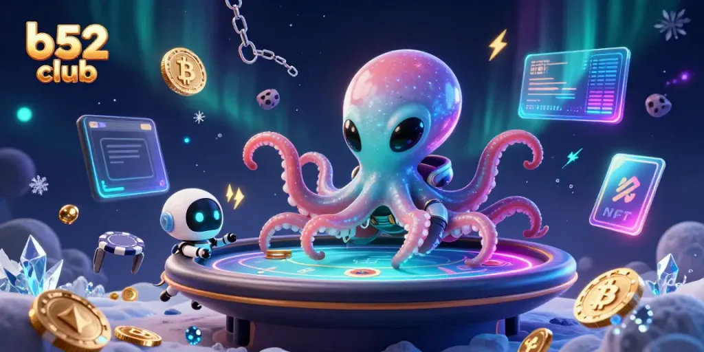 Capture exciting moments playing poker at b52 club with an alien octopus and a robot companion among colorful coins.