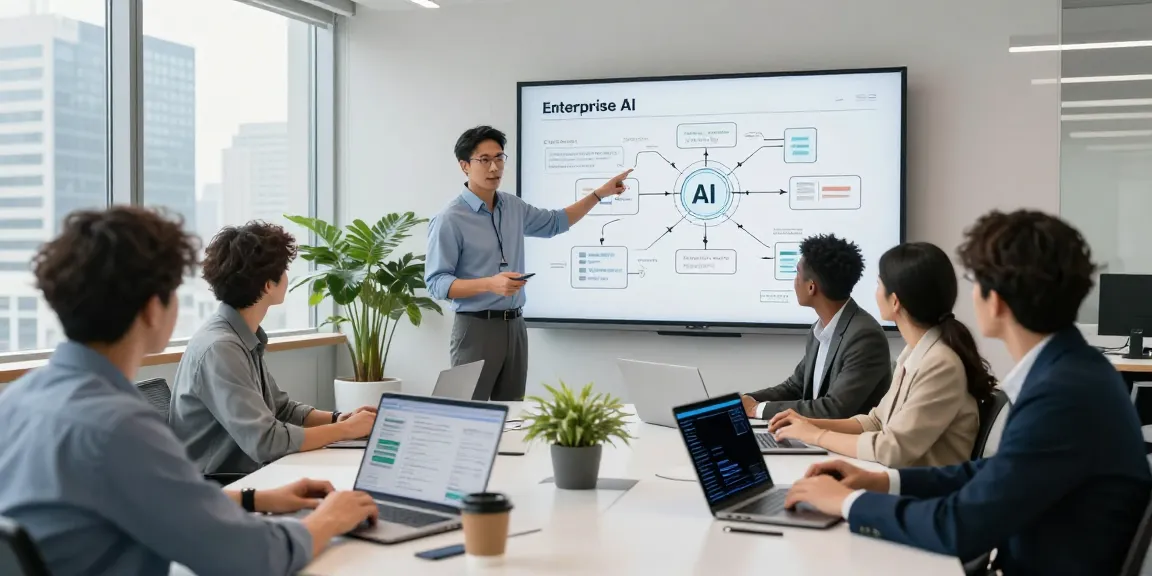 Team collaborating on Enterprise AI strategies in a modern office environment.