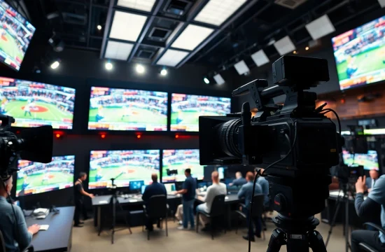 Captivating scene of sports broadcasting with live events displayed on multiple screens.