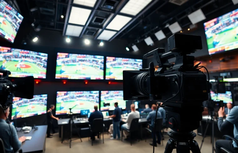Captivating scene of sports broadcasting with live events displayed on multiple screens.