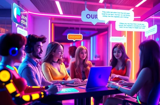 Interactive scene of porn chat AI characters engaging with users in a vibrant digital chat interface.