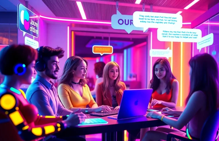 Interactive scene of porn chat AI characters engaging with users in a vibrant digital chat interface.